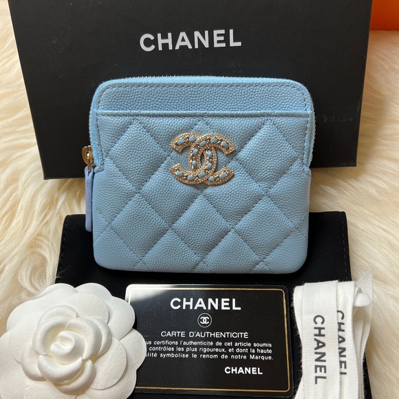 CHANEL Handbags - NEW Chanel 22S Blue Caviar Square Zippy Wallet Card Coin Holder Crystal CC